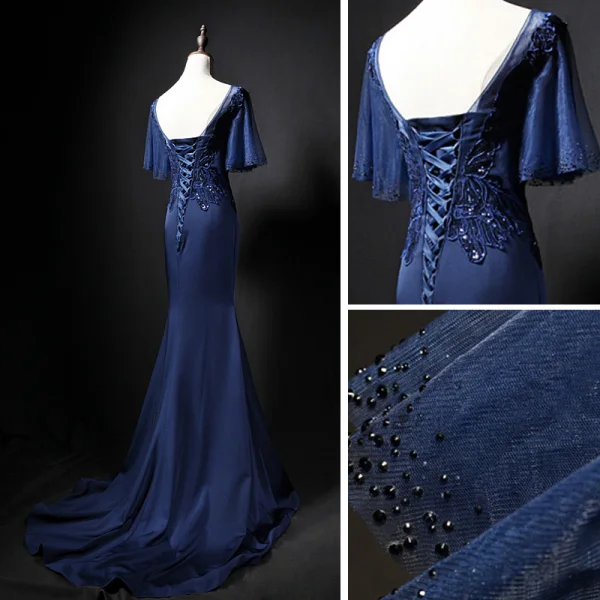 Élégant Bleu Marine Transparentes Robe De Soirée 2019 Trompette / Sirène Encolure Dégagée 1/2 Manches Faux Diamant Appliques En Dentelle Glitter Paillettes Train De Balayage Volants Dos Nu Robe De Ceremonie