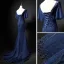 Élégant Bleu Marine Transparentes Robe De Soirée 2019 Trompette / Sirène Encolure Dégagée 1/2 Manches Faux Diamant Appliques En Dentelle Glitter Paillettes Train De Balayage Volants Dos Nu Robe De Ceremonie