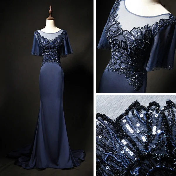 Élégant Bleu Marine Transparentes Robe De Soirée 2019 Trompette / Sirène Encolure Dégagée 1/2 Manches Faux Diamant Appliques En Dentelle Glitter Paillettes Train De Balayage Volants Dos Nu Robe De Ceremonie