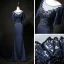 Élégant Bleu Marine Transparentes Robe De Soirée 2019 Trompette / Sirène Encolure Dégagée 1/2 Manches Faux Diamant Appliques En Dentelle Glitter Paillettes Train De Balayage Volants Dos Nu Robe De Ceremonie