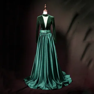 Vintage Originale Vert Foncé Daim Satin Robe De Soirée 2019 Princesse Col Haut Transparentes Col V Profond Sans Manches Ceinture Longue Volants Dos Nu Robe De Ceremonie