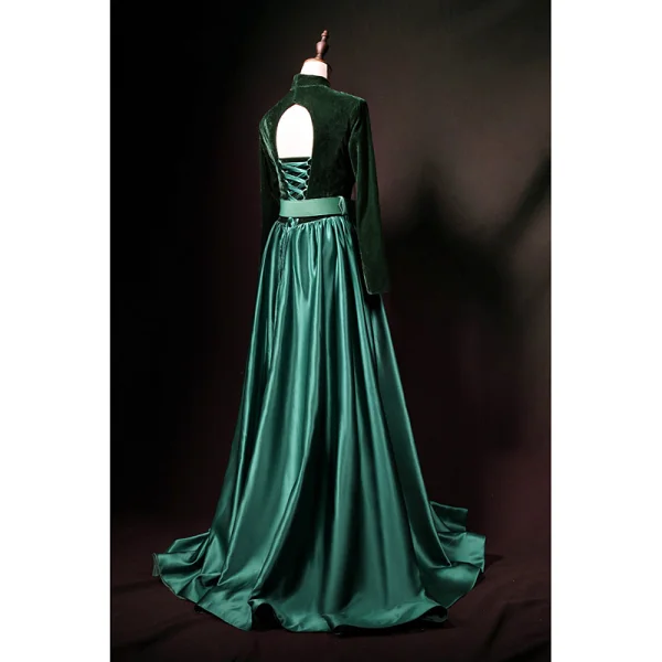 Vintage / Originale Vert Foncé Daim Satin Robe De Soirée 2019 Princesse Col Haut Transparentes Col v profond Sans Manches Ceinture Longue Volants Dos Nu Robe De Ceremonie
