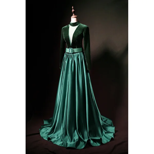 Vintage / Originale Vert Foncé Daim Satin Robe De Soirée 2019 Princesse Col Haut Transparentes Col v profond Sans Manches Ceinture Longue Volants Dos Nu Robe De Ceremonie