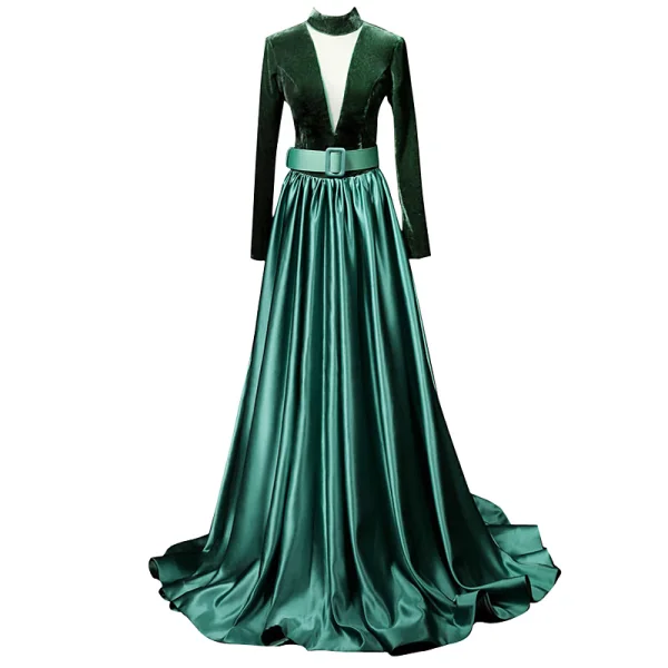Vintage / Originale Vert Foncé Daim Satin Robe De Soirée 2019 Princesse Col Haut Transparentes Col v profond Sans Manches Ceinture Longue Volants Dos Nu Robe De Ceremonie