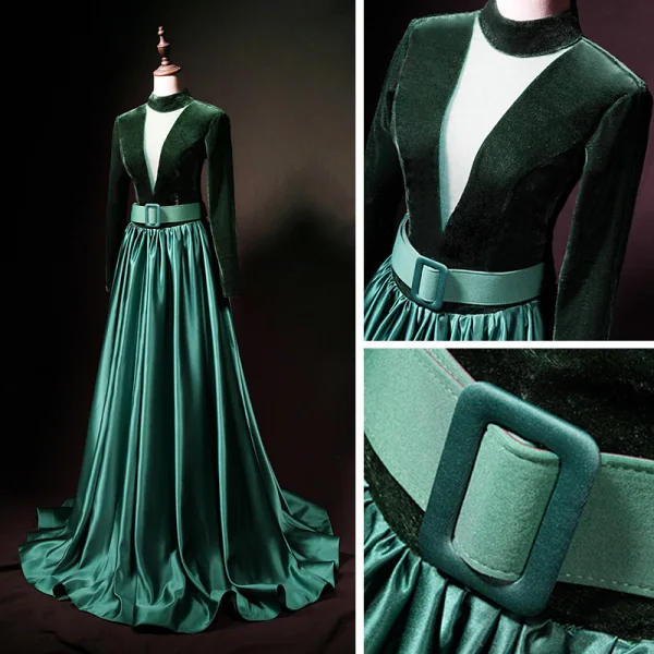 Vintage / Originale Vert Foncé Daim Satin Robe De Soirée 2019 Princesse Col Haut Transparentes Col v profond Sans Manches Ceinture Longue Volants Dos Nu Robe De Ceremonie