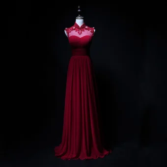 Vintage Originale Bordeaux Chiffon Robe De Soirée 2019 Princesse Transparentes Col Haut Sans Manches Appliques En Dentelle Perlage Longue Volants Dos Nu Robe De Ceremonie
