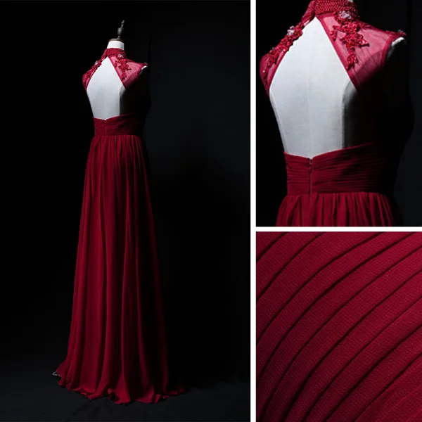 Vintage / Retro Burgundy Chiffon Evening Dresses 2019 A-Line / Princess See-through High Neck Sleeveless Appliques Lace Beading Floor-Length / Long Ruffle Backless Formal Dresses