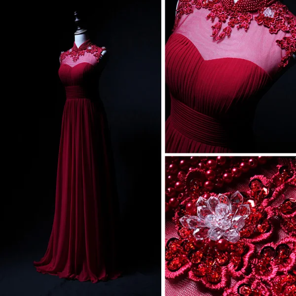 Vintage / Retro Burgundy Chiffon Evening Dresses 2019 A-Line / Princess See-through High Neck Sleeveless Appliques Lace Beading Floor-Length / Long Ruffle Backless Formal Dresses