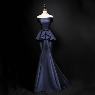 Modest Simple Navy Blue Satin Evening Dresses 2019 Trumpet Mermaid Strapless Sleeveless Bow Sash Sweep Train Ruffle Backless Formal Dresses