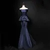 Modest / Simple Navy Blue Satin Evening Dresses  2019 Trumpet / Mermaid Strapless Sleeveless Bow Sash Sweep Train Ruffle Backless Formal Dresses