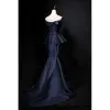 Modest / Simple Navy Blue Satin Evening Dresses  2019 Trumpet / Mermaid Strapless Sleeveless Bow Sash Sweep Train Ruffle Backless Formal Dresses