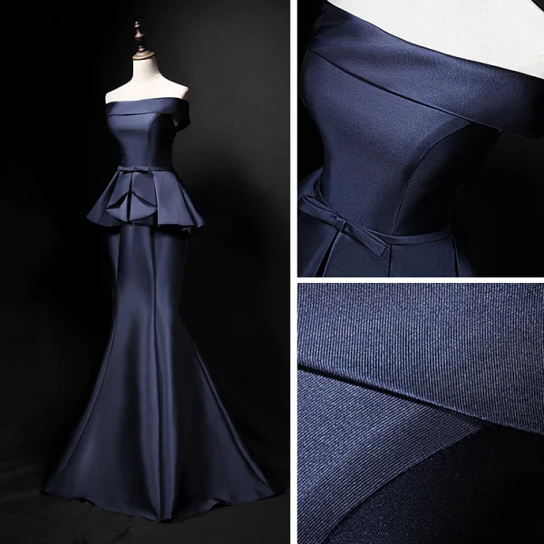 Simple Bleu Marine Satin Robe De Soirée 2019 Trompette / Sirène Bustier Sans Manches Noeud Ceinture Train De Balayage Volants Dos Nu Robe De Ceremonie