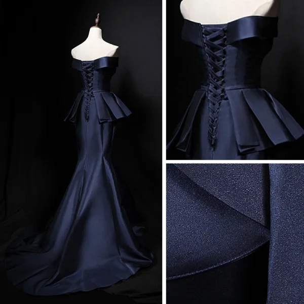 Simple Bleu Marine Satin Robe De Soirée 2019 Trompette / Sirène Bustier Sans Manches Noeud Ceinture Train De Balayage Volants Dos Nu Robe De Ceremonie