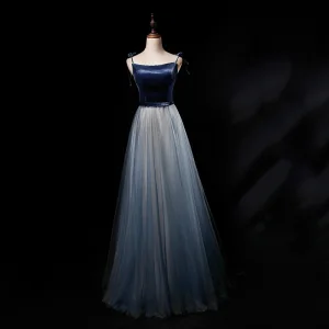 Chic Belle Bleu Marine Dégradé De Couleur Daim Robe De Soirée 2019 Princesse Bretelles Spaghetti Sans Manches Ceinture Longue Volants Dos Nu Robe De Ceremonie