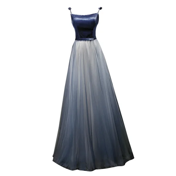Chic / Belle Bleu Marine Dégradé De Couleur Daim Robe De Soirée 2019 Princesse Bretelles Spaghetti Sans Manches Ceinture Longue Volants Dos Nu Robe De Ceremonie