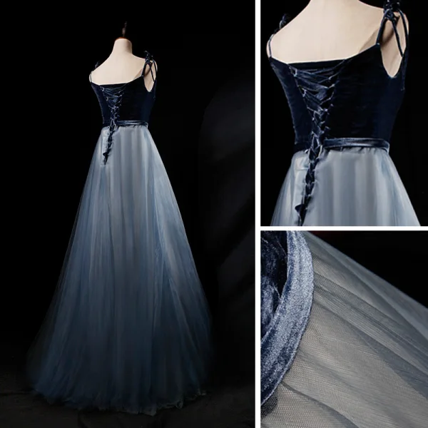 Chic / Belle Bleu Marine Dégradé De Couleur Daim Robe De Soirée 2019 Princesse Bretelles Spaghetti Sans Manches Ceinture Longue Volants Dos Nu Robe De Ceremonie