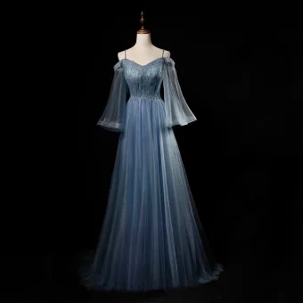 Meilleur Bleu Ciel Robe De Soirée 2019 Princesse Bretelles Spaghetti Manches De Cloche Perlage Longue Volants Dos Nu Robe De Ceremonie