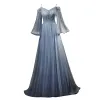 Best Sky Blue Evening Dresses  2019 A-Line / Princess Spaghetti Straps Bell sleeves Beading Floor-Length / Long Ruffle Backless Formal Dresses