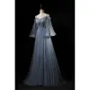 Best Sky Blue Evening Dresses  2019 A-Line / Princess Spaghetti Straps Bell sleeves Beading Floor-Length / Long Ruffle Backless Formal Dresses