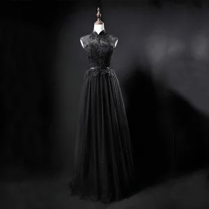Vintage Originale Noire Transparentes Robe De Soirée 2019 Princesse Col Haut Sans Manches Ceinture Appliques En Dentelle Perlage Longue Volants Robe De Ceremonie