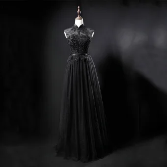 Vintage Svarta Genomskinliga Aftonklänningar 2019 Prinsessa Hög Hals Ärmlös Skärp Appliqués Spets Beading Långa Ruffle Formella Klänningar