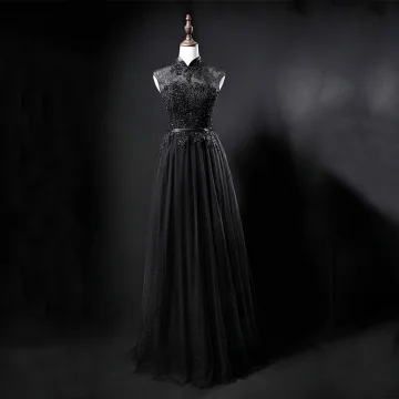 Vintage Retro Black See Through Evening Dresses 2019 A Line Princess High Neck Sleeveless Sash Appliques Lace Beading Floor Length Long Ruffle Formal Dresses