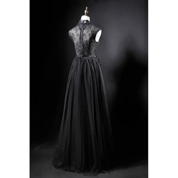 Vintage / Originale Noire Transparentes Robe De Soirée 2019 Princesse Col Haut Sans Manches Ceinture Appliques En Dentelle Perlage Longue Volants Robe De Ceremonie