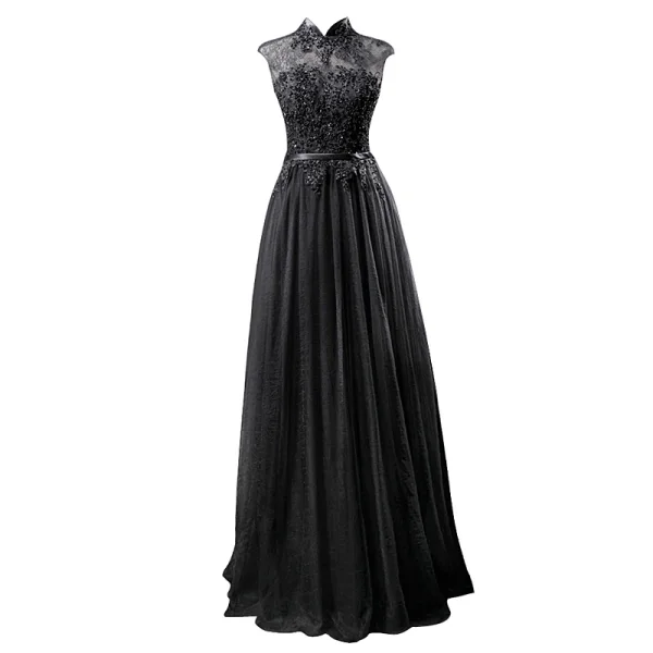 Vintage / Originale Noire Transparentes Robe De Soirée 2019 Princesse Col Haut Sans Manches Ceinture Appliques En Dentelle Perlage Longue Volants Robe De Ceremonie