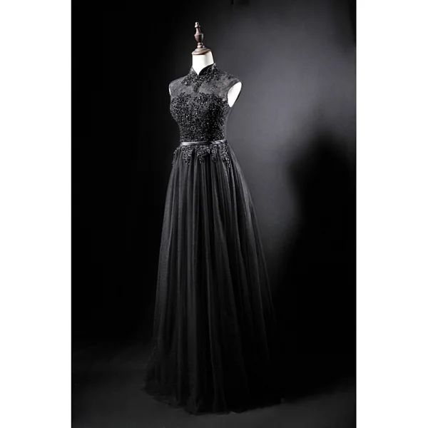 Vintage / Originale Noire Transparentes Robe De Soirée 2019 Princesse Col Haut Sans Manches Ceinture Appliques En Dentelle Perlage Longue Volants Robe De Ceremonie