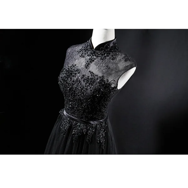 Vintage / Originale Noire Transparentes Robe De Soirée 2019 Princesse Col Haut Sans Manches Ceinture Appliques En Dentelle Perlage Longue Volants Robe De Ceremonie