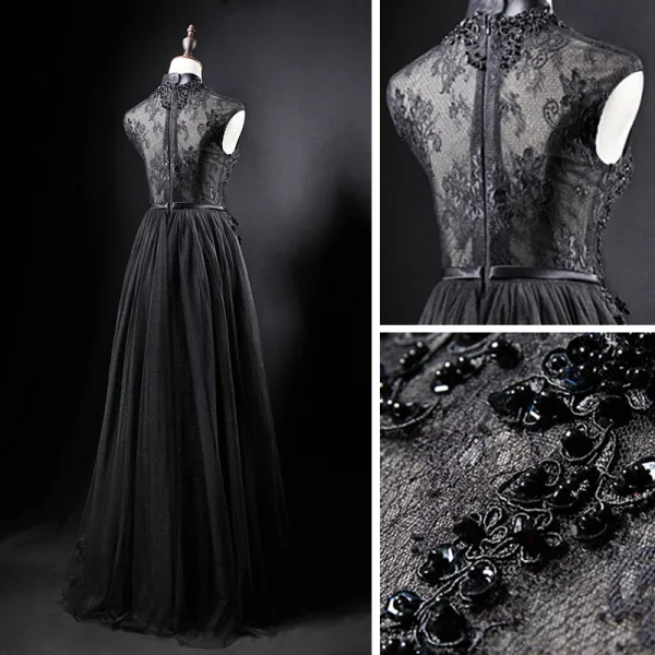 Vintage / Originale Noire Transparentes Robe De Soirée 2019 Princesse Col Haut Sans Manches Ceinture Appliques En Dentelle Perlage Longue Volants Robe De Ceremonie
