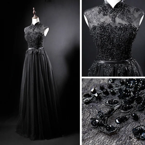 Vintage / Originale Noire Transparentes Robe De Soirée 2019 Princesse Col Haut Sans Manches Ceinture Appliques En Dentelle Perlage Longue Volants Robe De Ceremonie