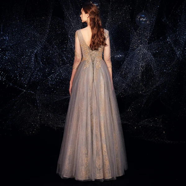 Luxury / Gorgeous Grey Gold Evening Dresses 2019 A-Line / Princess V-Neck 3/4 Sleeve Beading Glitter Tulle Floor-Length / Long Ruffle Backless Formal Dresses