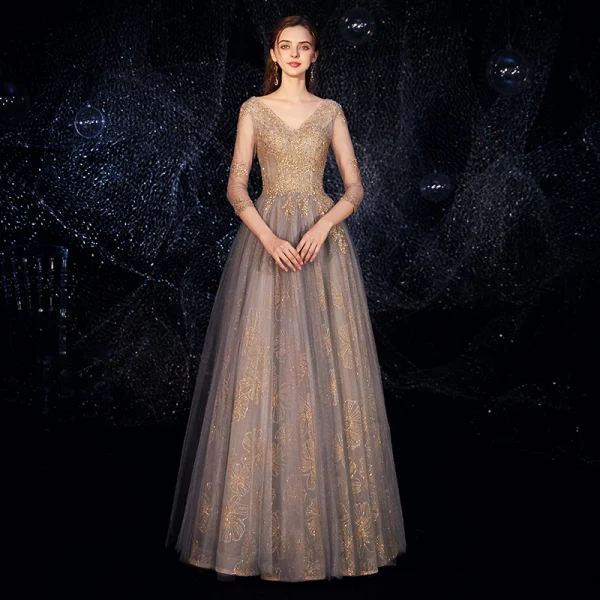 Luxury / Gorgeous Grey Gold Evening Dresses 2019 A-Line / Princess V-Neck 3/4 Sleeve Beading Glitter Tulle Floor-Length / Long Ruffle Backless Formal Dresses