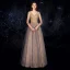 Luxury / Gorgeous Grey Gold Evening Dresses  2019 A-Line / Princess V-Neck 3/4 Sleeve Beading Glitter Tulle Floor-Length / Long Ruffle Backless Formal Dresses