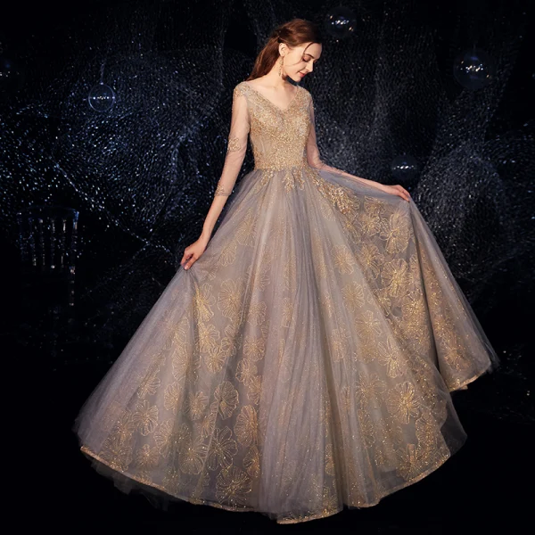 Luxury / Gorgeous Grey Gold Evening Dresses 2019 A-Line / Princess V-Neck 3/4 Sleeve Beading Glitter Tulle Floor-Length / Long Ruffle Backless Formal Dresses