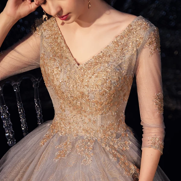 Luxury / Gorgeous Grey Gold Evening Dresses 2019 A-Line / Princess V-Neck 3/4 Sleeve Beading Glitter Tulle Floor-Length / Long Ruffle Backless Formal Dresses