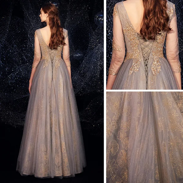 Luxury / Gorgeous Grey Gold Evening Dresses 2019 A-Line / Princess V-Neck 3/4 Sleeve Beading Glitter Tulle Floor-Length / Long Ruffle Backless Formal Dresses
