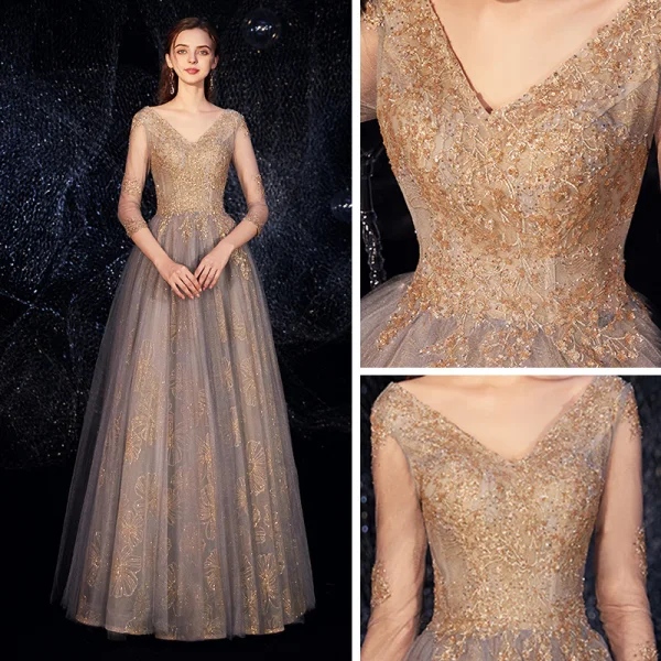 Luxury / Gorgeous Grey Gold Evening Dresses 2019 A-Line / Princess V-Neck 3/4 Sleeve Beading Glitter Tulle Floor-Length / Long Ruffle Backless Formal Dresses