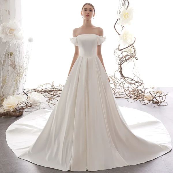 Modest / Simple Ivory Satin Wedding Dresses 2019 A-Line / Princess Off-The-Shoulder Short Sleeve Flower Backless Cathedral Train Ruffle