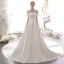 Modest / Simple Ivory Satin Wedding Dresses 2019 A-Line / Princess Off-The-Shoulder Short Sleeve Flower Backless Cathedral Train Ruffle