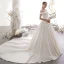 Modest / Simple Ivory Satin Wedding Dresses 2019 A-Line / Princess Off-The-Shoulder Short Sleeve Flower Backless Cathedral Train Ruffle