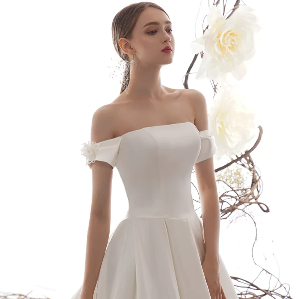 Modest / Simple Ivory Satin Wedding Dresses 2019 A-Line / Princess Off-The-Shoulder Short Sleeve Flower Backless Cathedral Train Ruffle