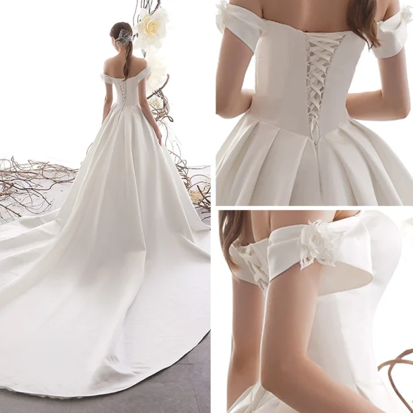 Modest / Simple Ivory Satin Wedding Dresses 2019 A-Line / Princess Off-The-Shoulder Short Sleeve Flower Backless Cathedral Train Ruffle