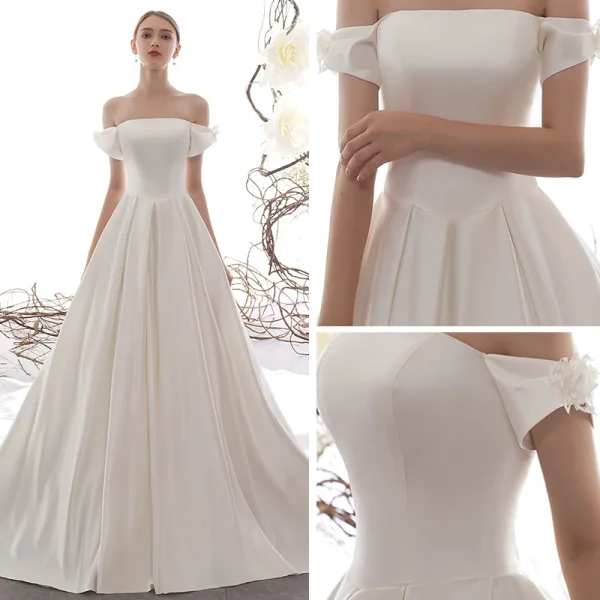 Modest / Simple Ivory Satin Wedding Dresses 2019 A-Line / Princess Off-The-Shoulder Short Sleeve Flower Backless Cathedral Train Ruffle