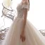 Bäst Champagne Spets Bröllopsklänningar 2019 Prinsessa Av Axeln Pösigt Korta ärm Halterneck Appliqués Spets Beading Glittriga / Glitter Tyll Cathedral Train Ruffle