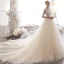 Illusion Champagner Durchsichtige Brautkleider / Hochzeitskleider 2019 A Linie Eckiger Ausschnitt 3/4 Ärmel Applikationen Spitze Perlenstickerei Kathedrale Schleppe Rüschen