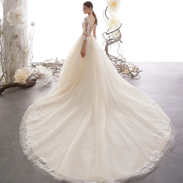 Illusion Champagner Durchsichtige Brautkleider / Hochzeitskleider 2019 A Linie Eckiger Ausschnitt 3/4 Ärmel Applikationen Spitze Perlenstickerei Kathedrale Schleppe Rüschen