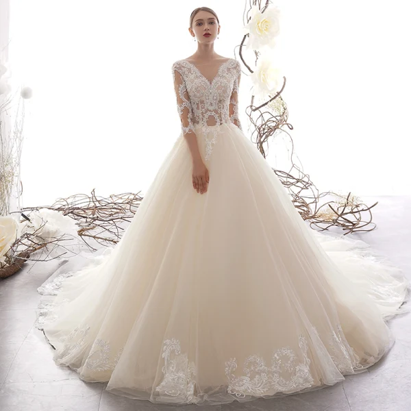 Illusion Champagner Durchsichtige Brautkleider / Hochzeitskleider 2019 A Linie Eckiger Ausschnitt 3/4 Ärmel Applikationen Spitze Perlenstickerei Kathedrale Schleppe Rüschen
