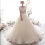 Illusion Champagner Durchsichtige Brautkleider / Hochzeitskleider 2019 A Linie Eckiger Ausschnitt 3/4 Ärmel Applikationen Spitze Perlenstickerei Kathedrale Schleppe Rüschen